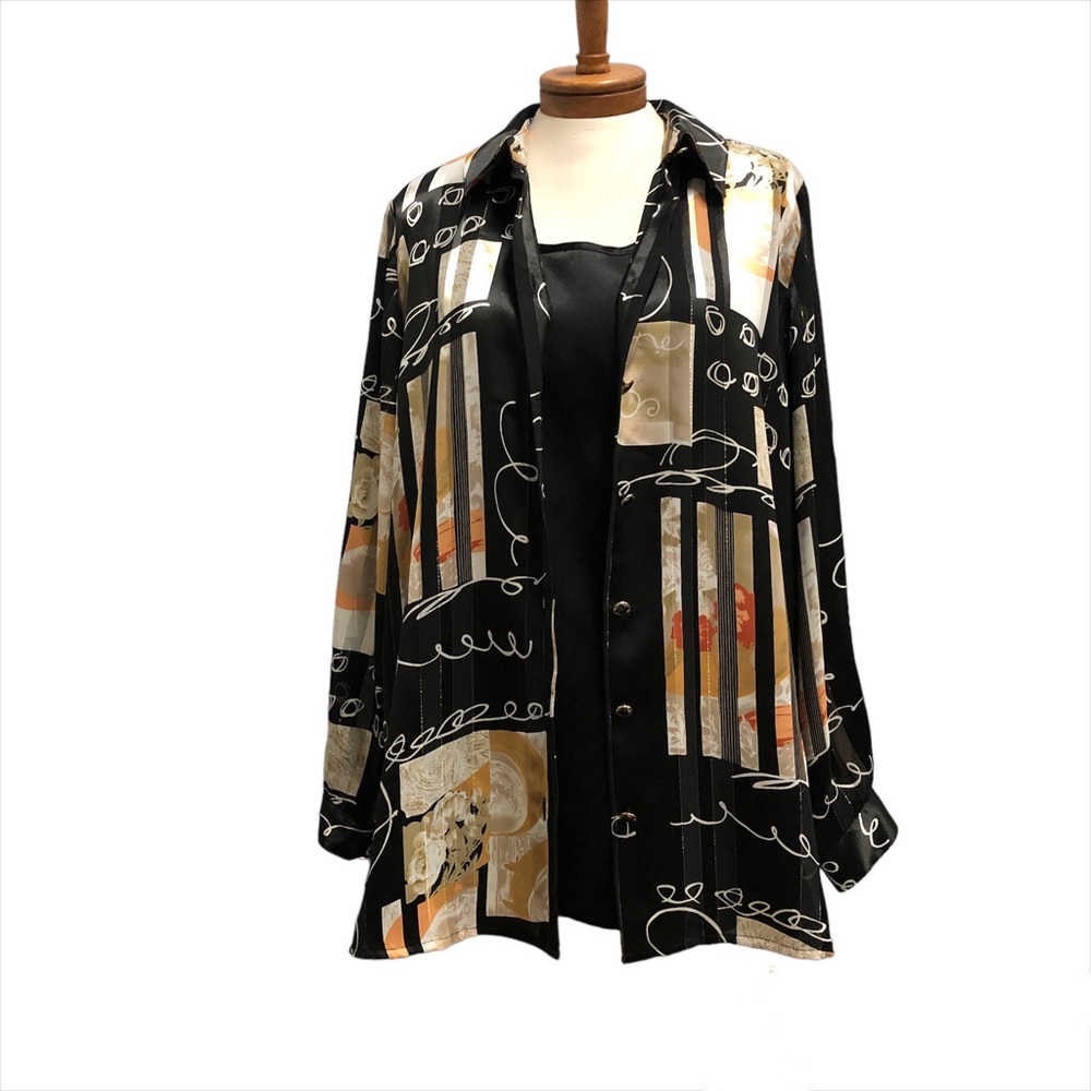 Vtg 90s Antels, Long Button Up Blouse, Black, golds. Sz 14